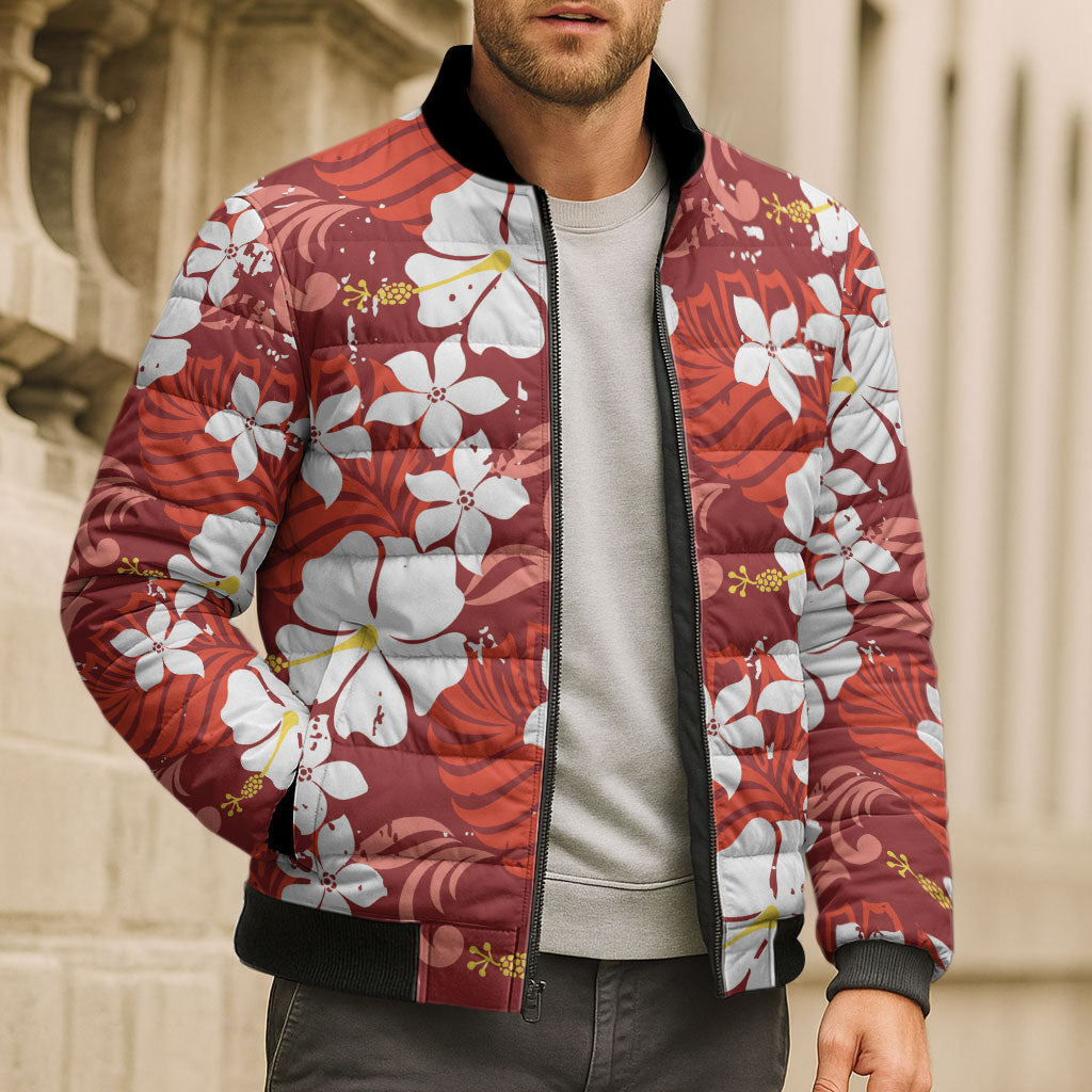 Red Hawaiian Hibiscus Monstera Bomber Puffer Jacket Grunge Stylized LT01 - Polynesian Pride