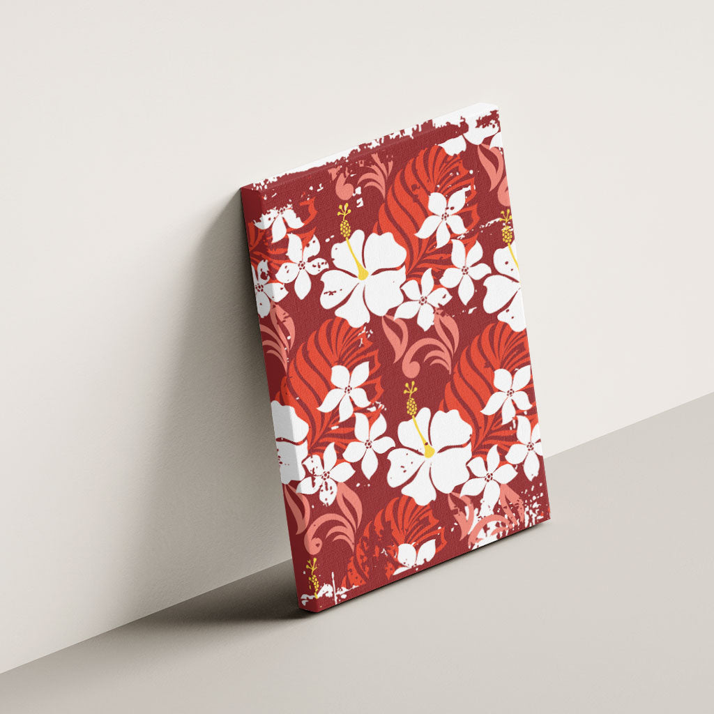 Red Hawaiian Hibiscus Monstera Canvas Wall Art Grunge Stylized LT01 - Polynesian Pride