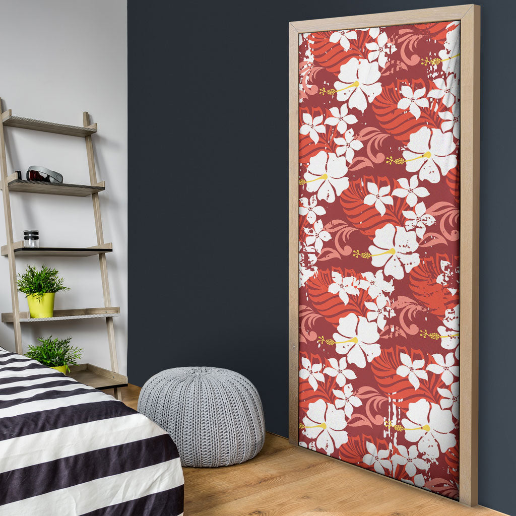 Red Hawaiian Hibiscus Monstera Door Cover Grunge Stylized LT01 - Polynesian Pride