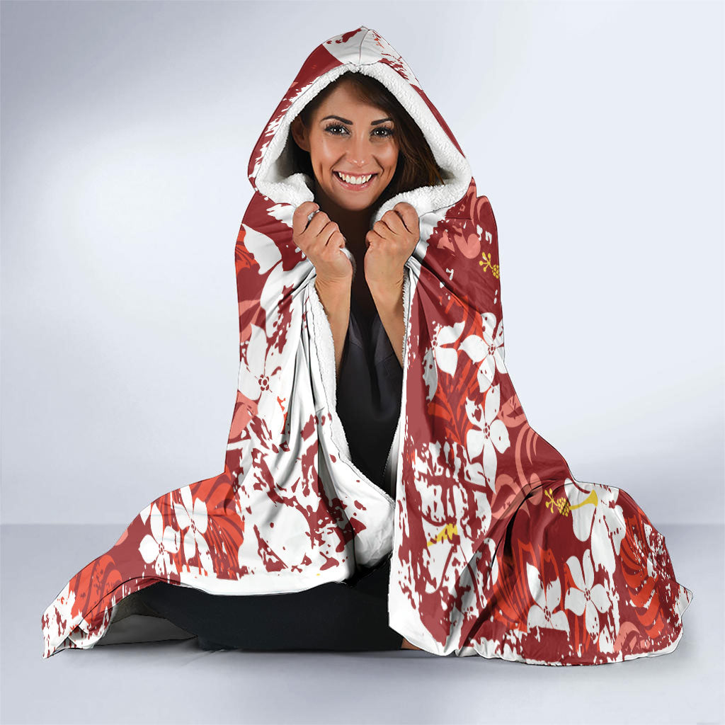 Red Hawaiian Hibiscus Monstera Hooded Blanket Grunge Stylized LT01 - Polynesian Pride