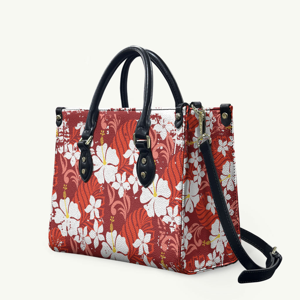 Red Hawaiian Hibiscus Monstera Leather Bag Grunge Stylized LT01 Red - Polynesian Pride
