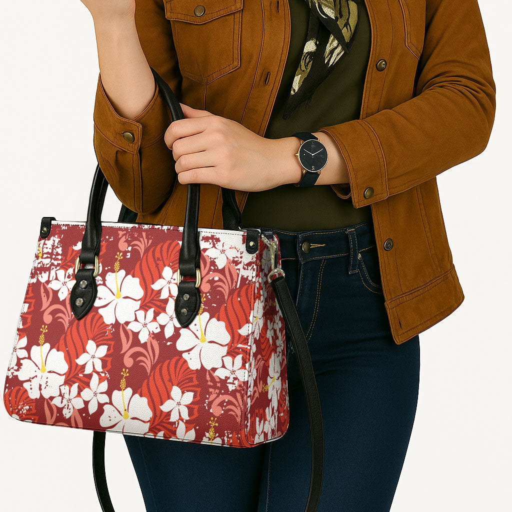Red Hawaiian Hibiscus Monstera Leather Bag Grunge Stylized LT01 - Polynesian Pride