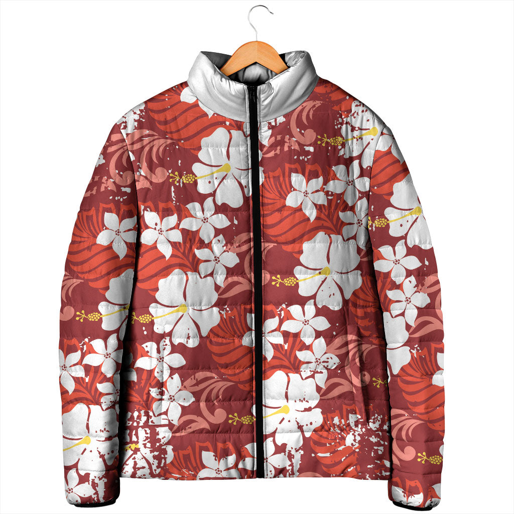 Red Hawaiian Hibiscus Monstera Padded Jacket Grunge Stylized LT01 - Polynesian Pride