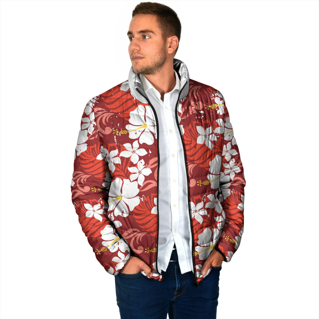 Red Hawaiian Hibiscus Monstera Padded Jacket Grunge Stylized LT01 - Polynesian Pride