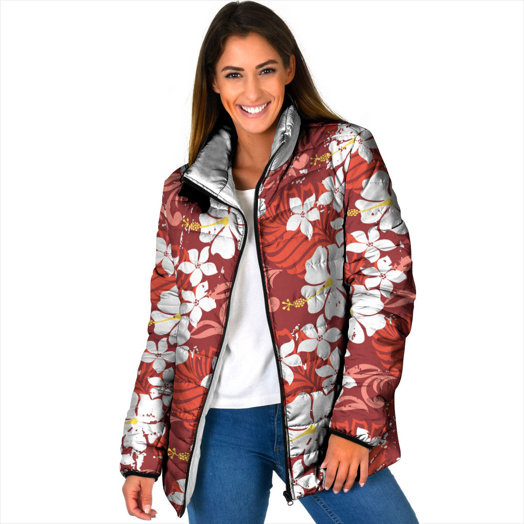 Red Hawaiian Hibiscus Monstera Padded Jacket Grunge Stylized LT01 Women Red - Polynesian Pride
