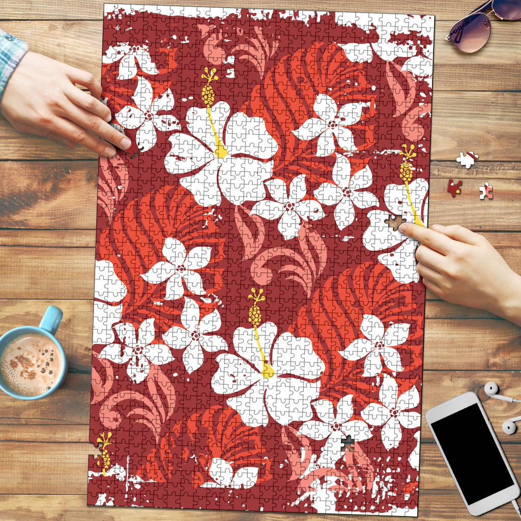 Red Hawaiian Hibiscus Monstera Puzzle Grunge Stylized LT01 Red - Polynesian Pride