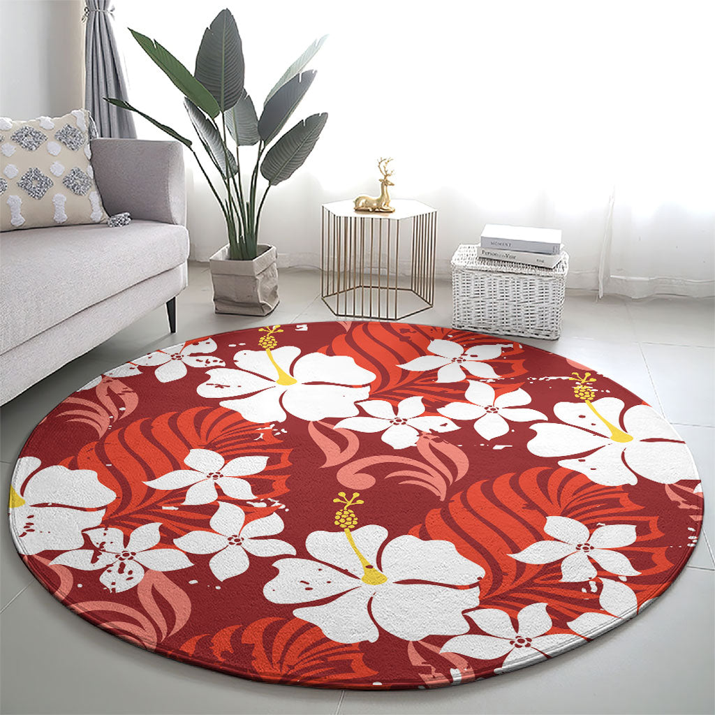 Red Hawaiian Hibiscus Monstera Round Carpet Grunge Stylized LT01 - Polynesian Pride