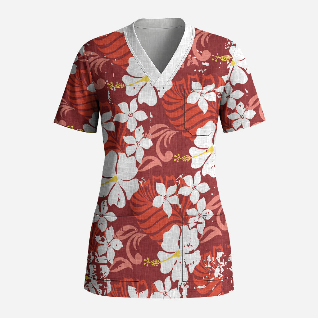 Red Hawaiian Hibiscus Monstera Scrub Top Grunge Stylized