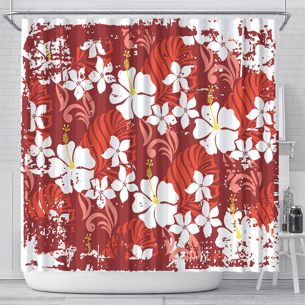 Red Hawaiian Hibiscus Monstera Shower Curtain Grunge Stylized LT01 - Polynesian Pride