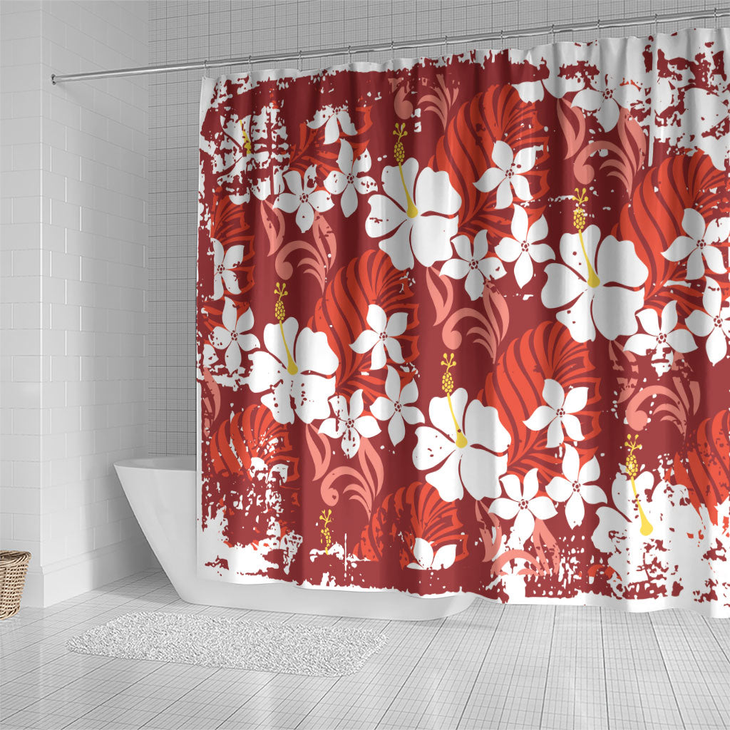 Red Hawaiian Hibiscus Monstera Shower Curtain Grunge Stylized LT01 - Polynesian Pride