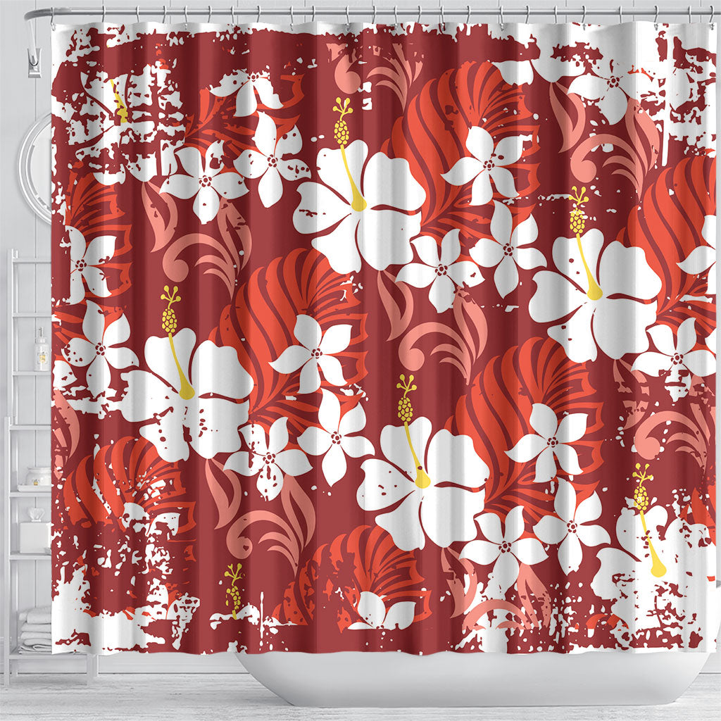 Red Hawaiian Hibiscus Monstera Shower Curtain Grunge Stylized LT01 - Polynesian Pride
