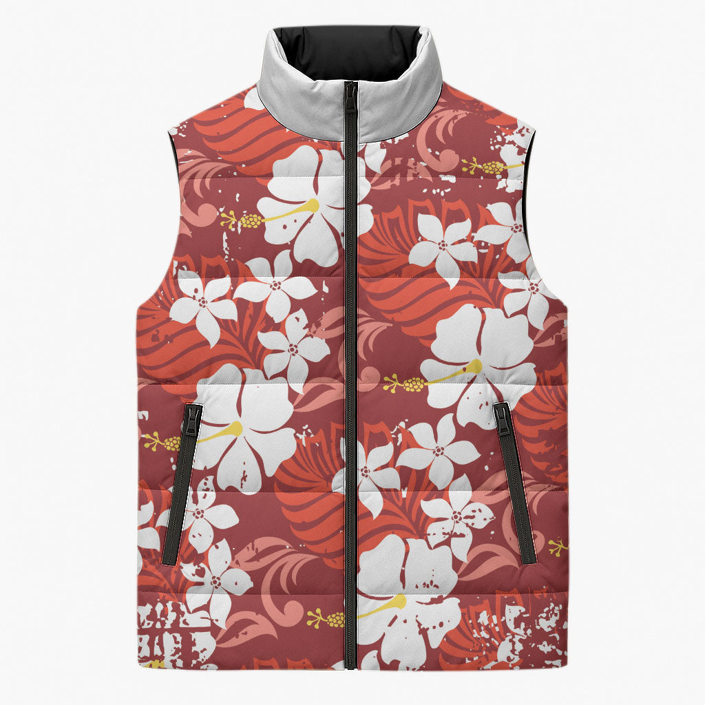 Red Hawaiian Hibiscus Monstera Sleeveless Puffer Jacket Grunge Stylized