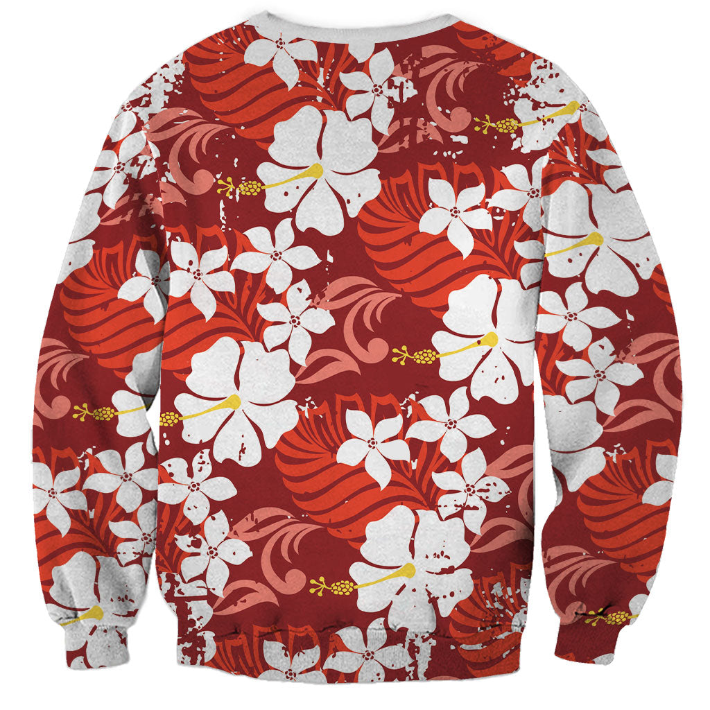 Red Hawaiian Hibiscus Monstera Sweatshirt Grunge Stylized LT01 - Polynesian Pride
