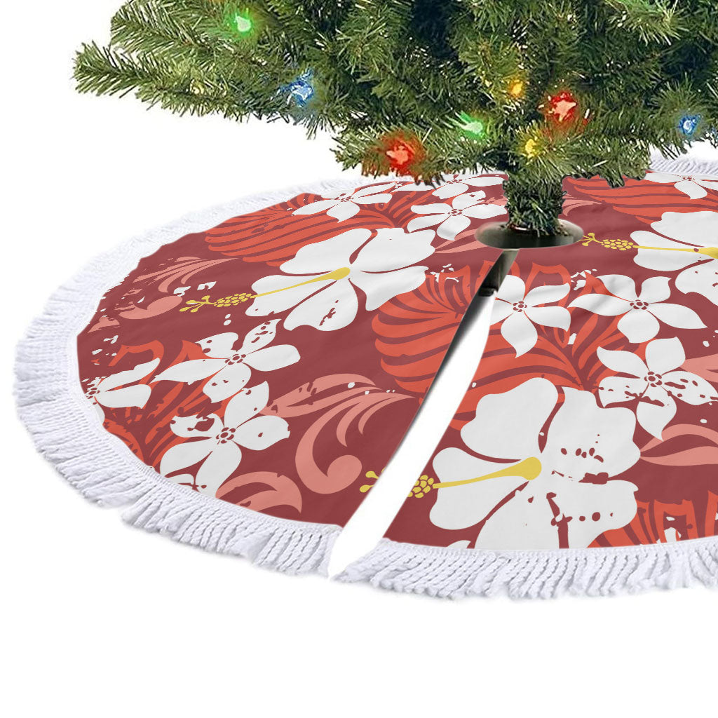 Red Hawaiian Hibiscus Monstera Tree Skirt Grunge Stylized LT01 - Polynesian Pride