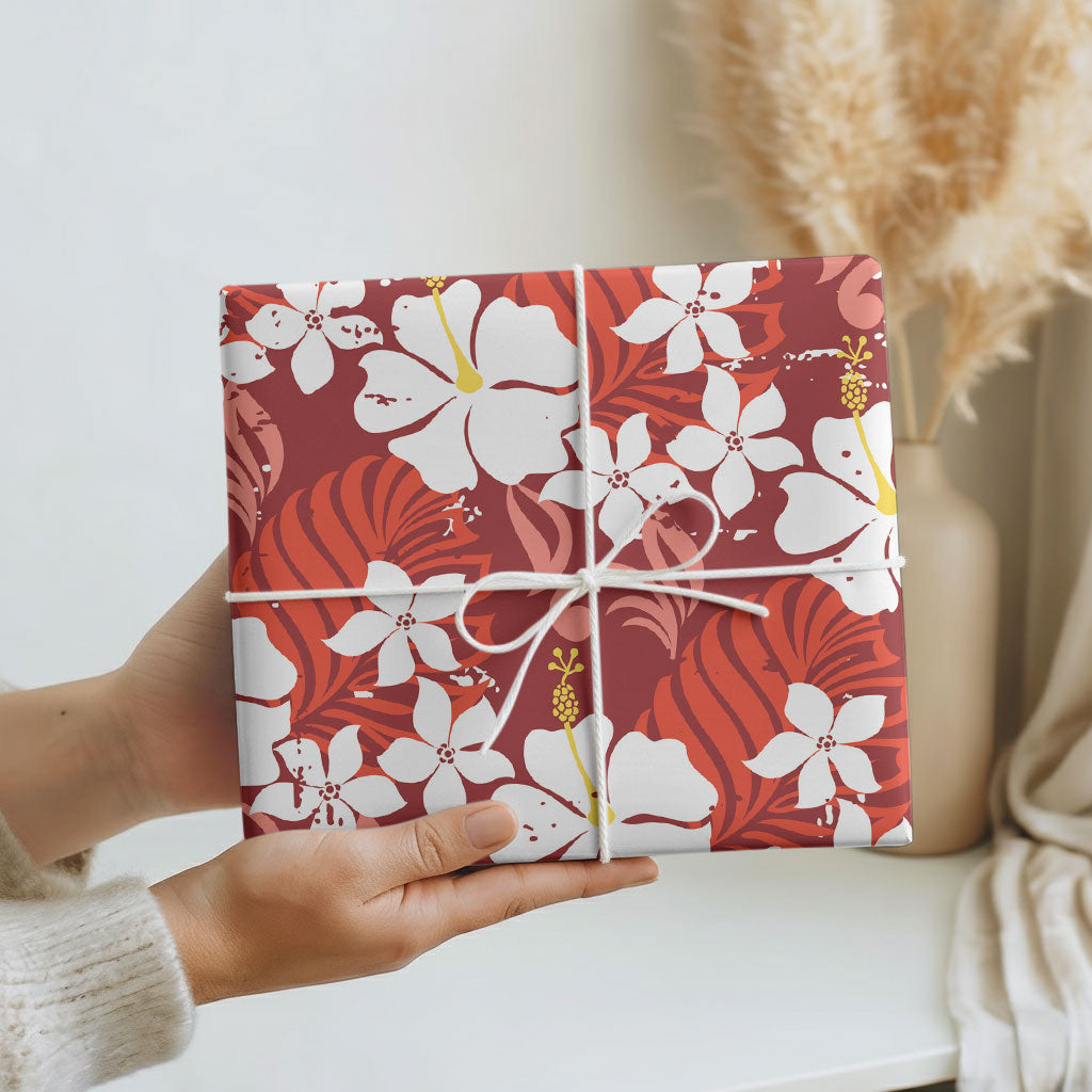 Red Hawaiian Hibiscus Monstera Wrapping Paper Grunge Stylized LT01 - Polynesian Pride