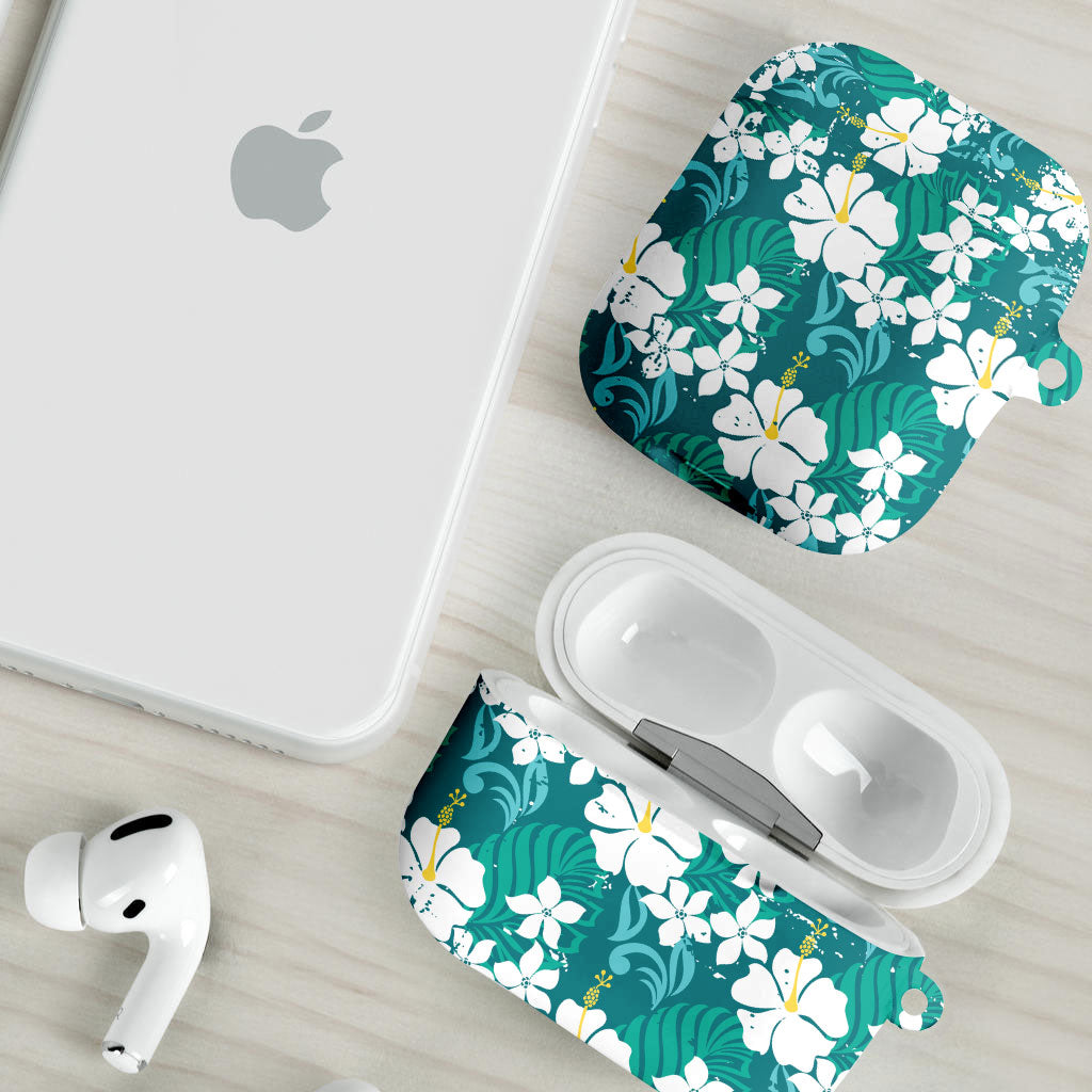 Teal Hawaiian Hibiscus Monstera AirPods Case Grunge Stylized LT01 - Polynesian Pride