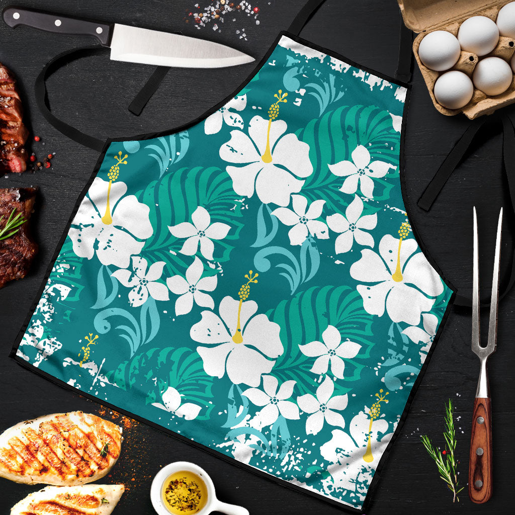 Teal Hawaiian Hibiscus Monstera Apron Grunge Stylized LT01 Teal - Polynesian Pride