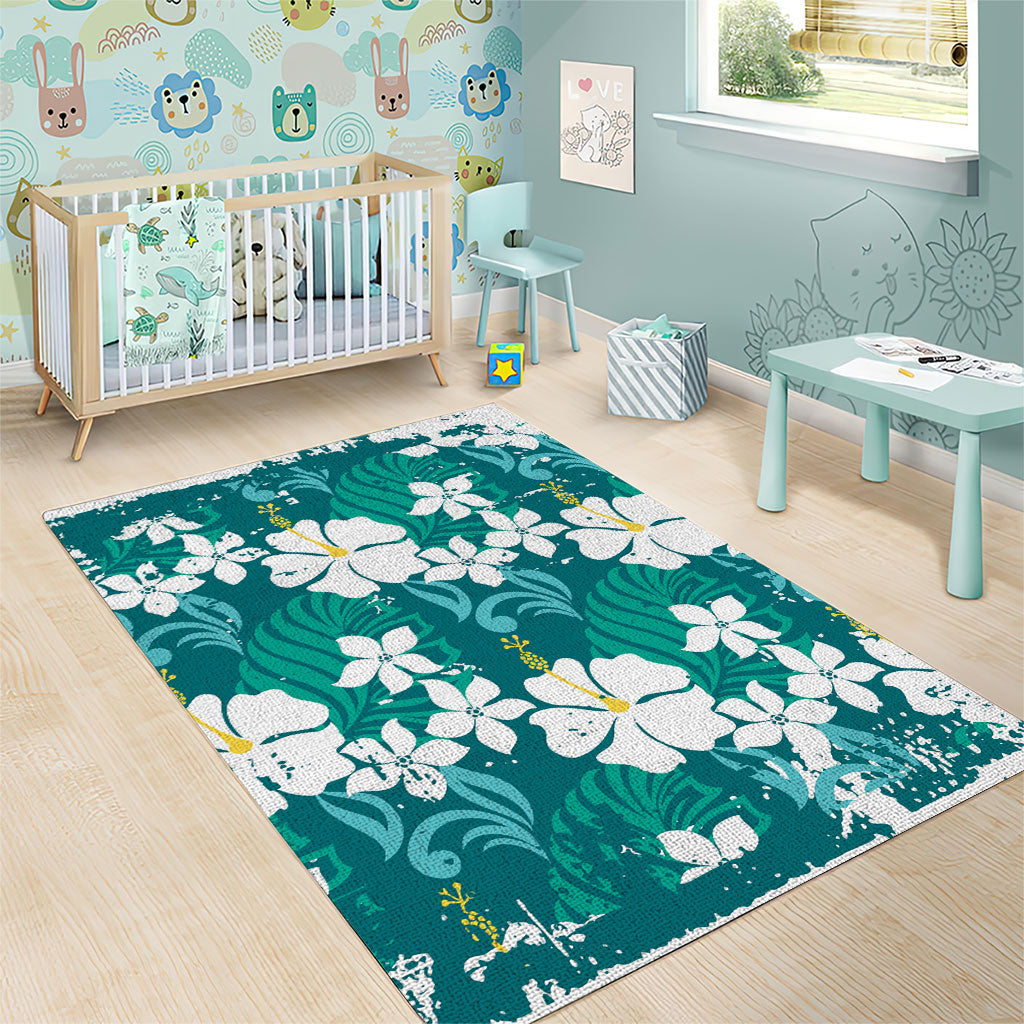 Teal Hawaiian Hibiscus Monstera Area Rug Grunge Stylized LT01 - Polynesian Pride