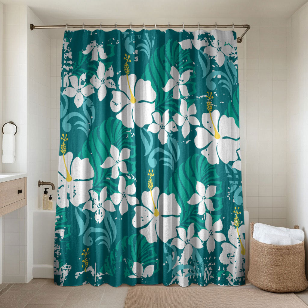 Teal Hawaiian Hibiscus Monstera Bathroom Set Grunge Stylized LT01 Shower Curtain Only Teal - Polynesian Pride