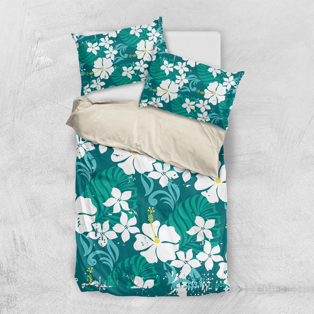Teal Hawaiian Hibiscus Monstera Bedding Set Grunge Stylized LT01 US Twin 172cm x 218cm Teal - Polynesian Pride