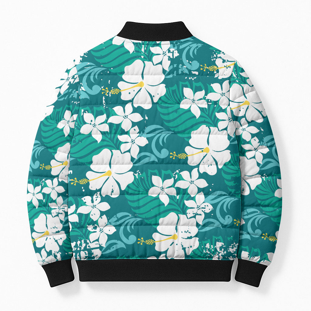Teal Hawaiian Hibiscus Monstera Bomber Puffer Jacket Grunge Stylized LT01 - Polynesian Pride