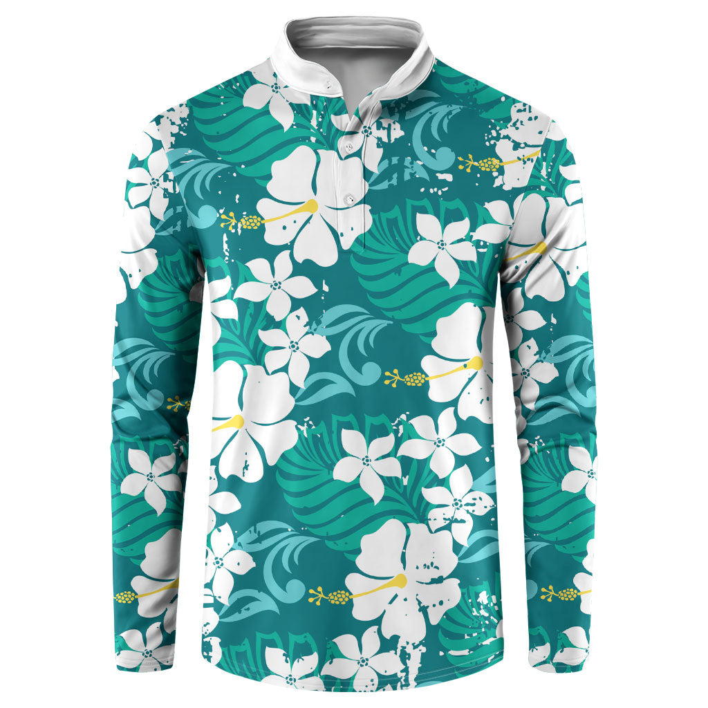 Teal Hawaiian Hibiscus Monstera Button Sweatshirt Grunge Stylized LT01 Teal - Polynesian Pride