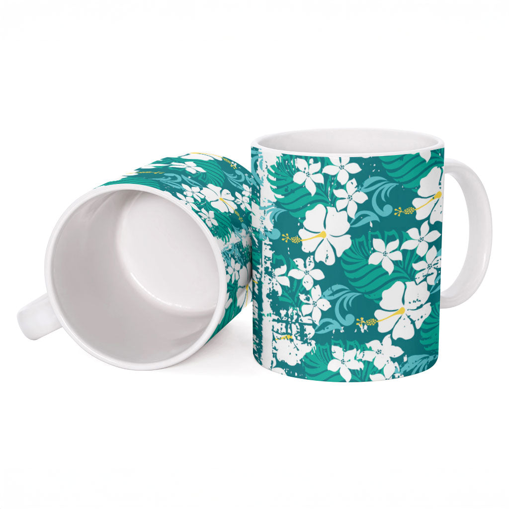 Teal Hawaiian Hibiscus Monstera Ceramic Mug Grunge Stylized LT01 - Polynesian Pride