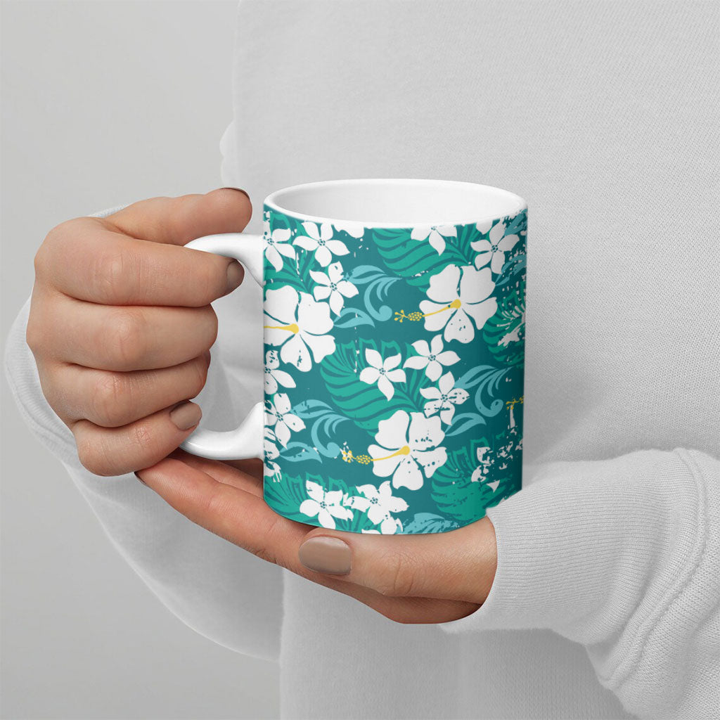 Teal Hawaiian Hibiscus Monstera Ceramic Mug Grunge Stylized LT01 - Polynesian Pride
