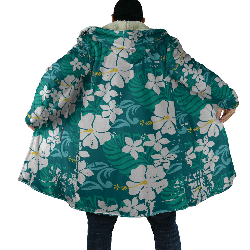 Teal Hawaiian Hibiscus Monstera Cloak Grunge Stylized LT01 - Polynesian Pride
