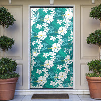 Teal Hawaiian Hibiscus Monstera Door Cover Grunge Stylized LT01 Teal - Polynesian Pride