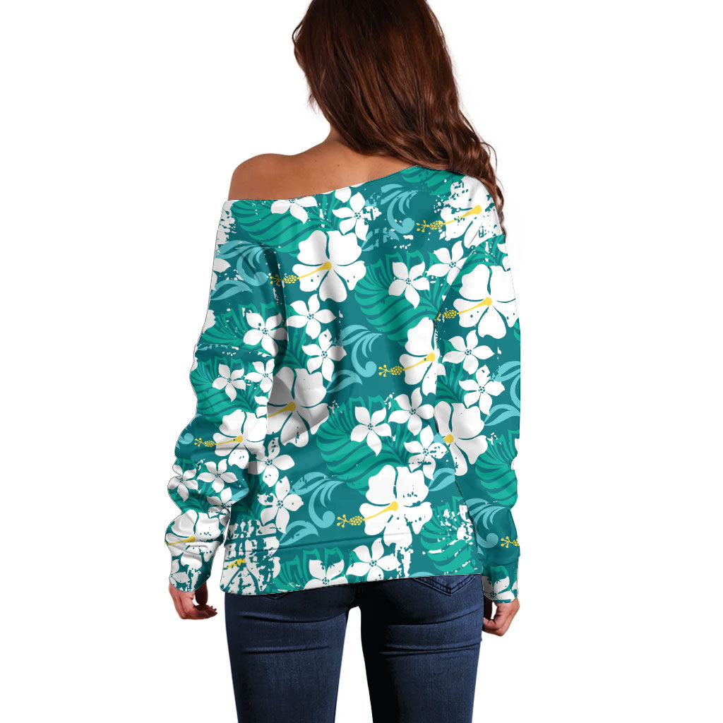 Teal Hawaiian Hibiscus Monstera Off Shoulder Sweater Grunge Stylized LT01 - Polynesian Pride