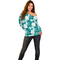 Teal Hawaiian Hibiscus Monstera Off Shoulder Sweater Grunge Stylized LT01 - Polynesian Pride