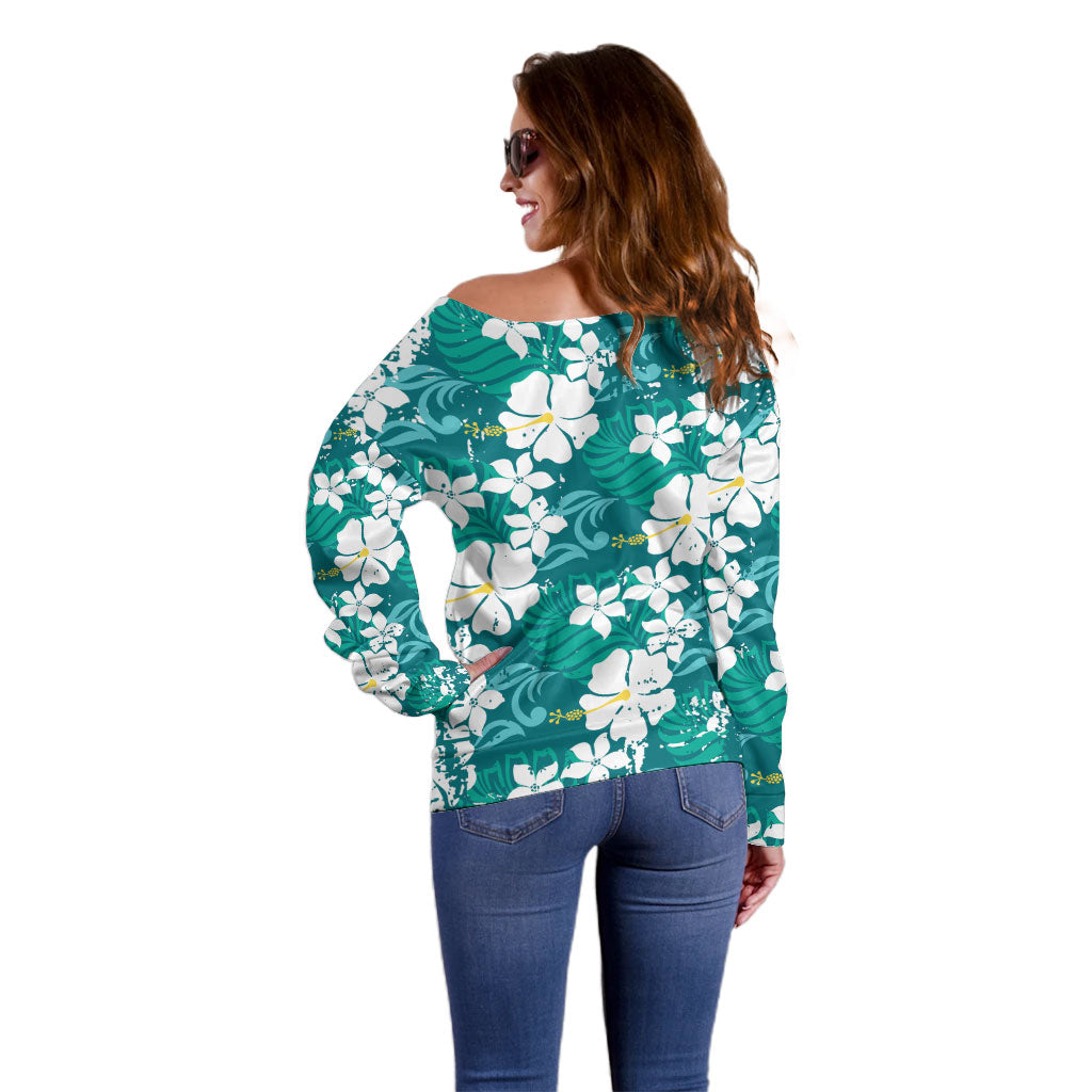 Teal Hawaiian Hibiscus Monstera Off Shoulder Sweater Grunge Stylized LT01 - Polynesian Pride