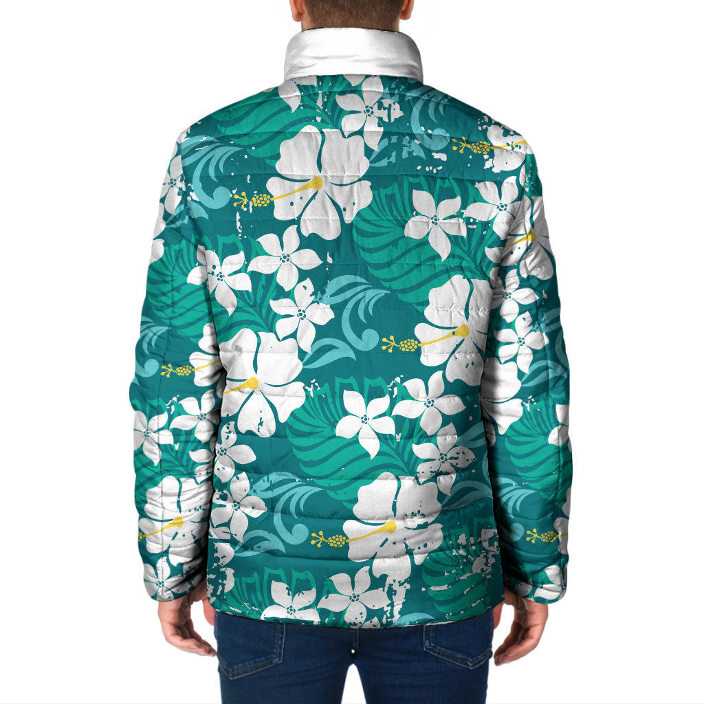 Teal Hawaiian Hibiscus Monstera Padded Jacket Grunge Stylized LT01 - Polynesian Pride