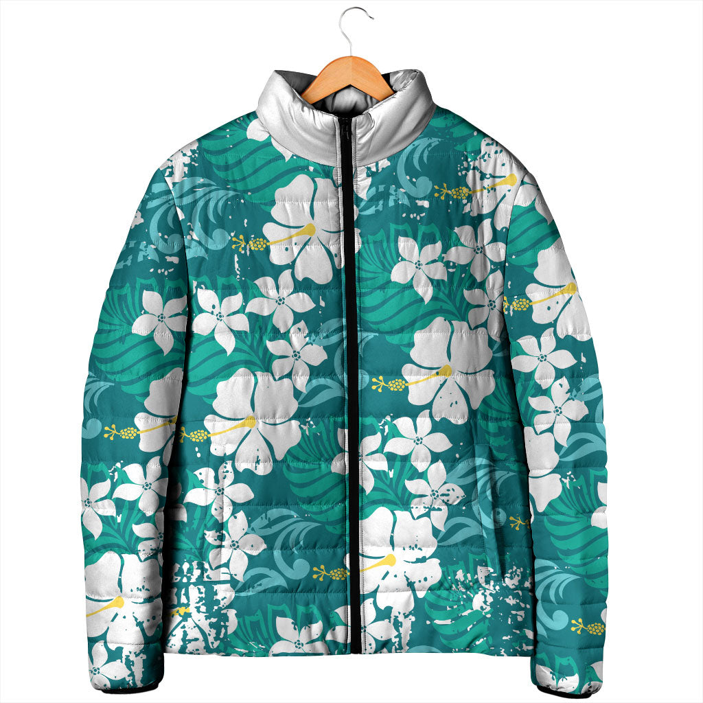 Teal Hawaiian Hibiscus Monstera Padded Jacket Grunge Stylized LT01 - Polynesian Pride