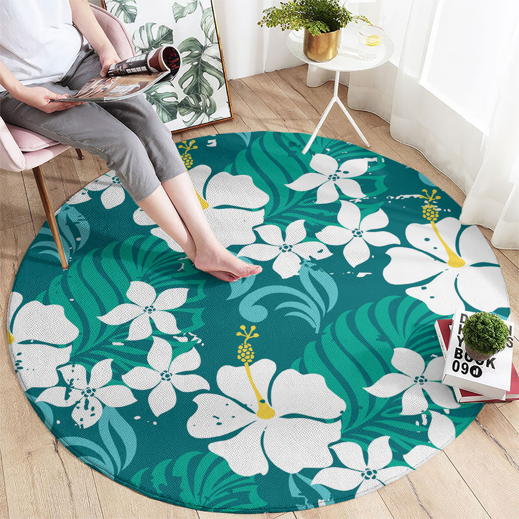 Teal Hawaiian Hibiscus Monstera Round Carpet Grunge Stylized LT01 - Polynesian Pride