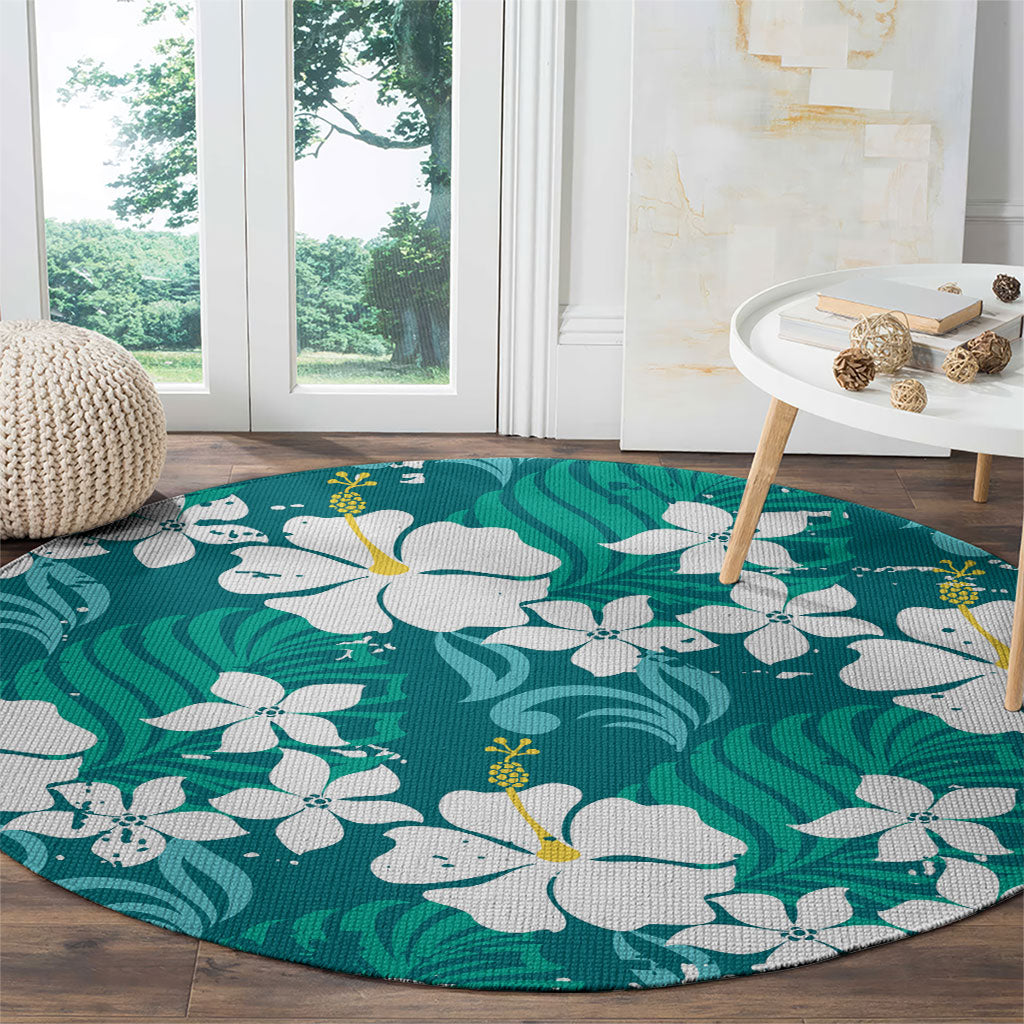 Teal Hawaiian Hibiscus Monstera Round Carpet Grunge Stylized LT01 - Polynesian Pride