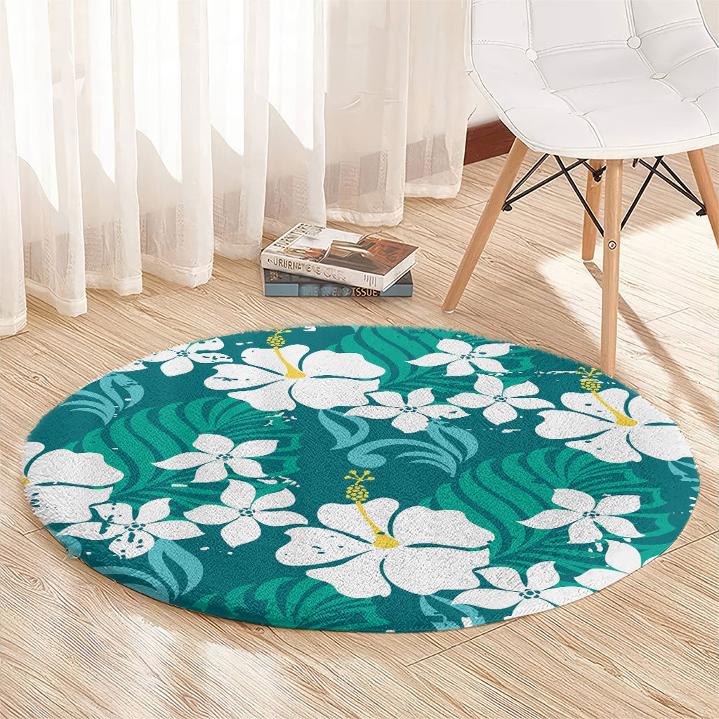 Teal Hawaiian Hibiscus Monstera Round Carpet Grunge Stylized LT01 - Polynesian Pride