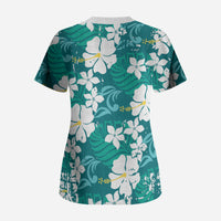 Teal Hawaiian Hibiscus Monstera Scrub Top Grunge Stylized LT01 - Polynesian Pride