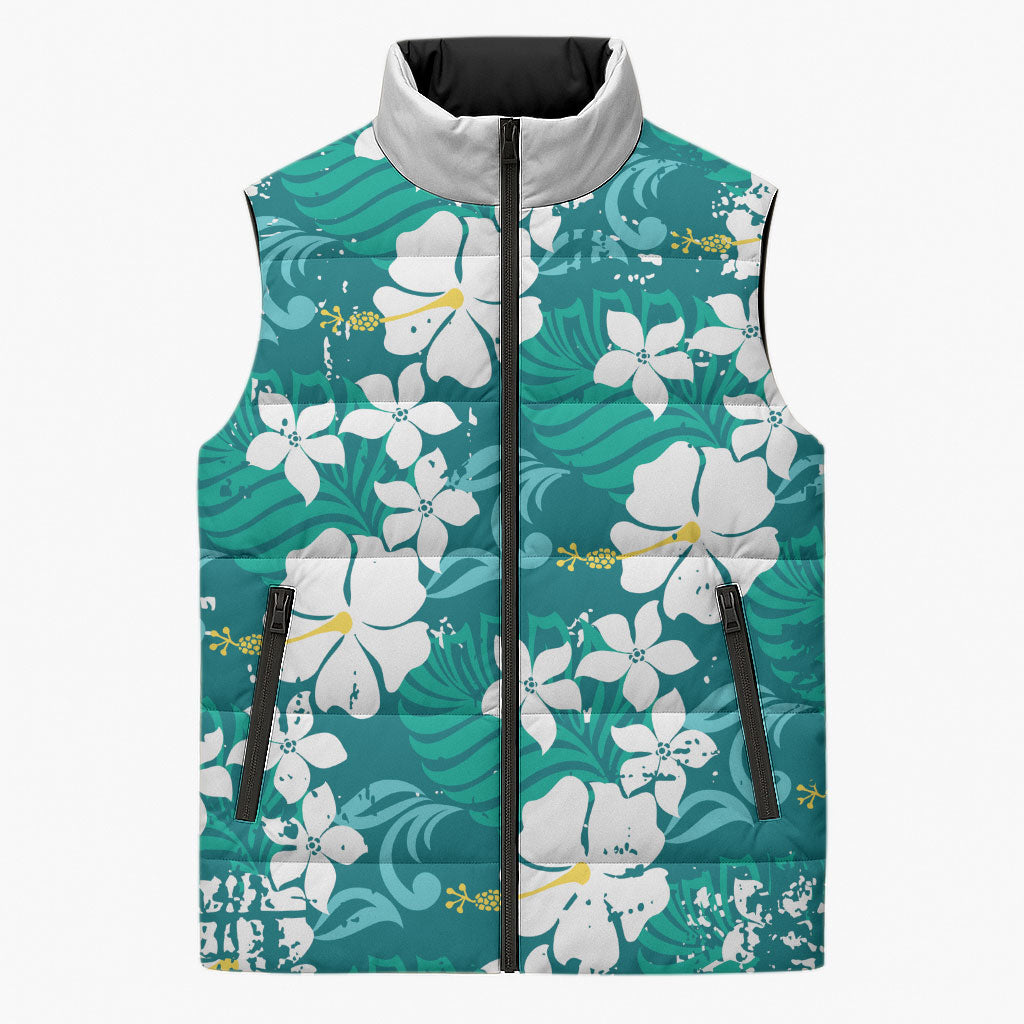 Teal Hawaiian Hibiscus Monstera Sleeveless Puffer Jacket Grunge Stylized