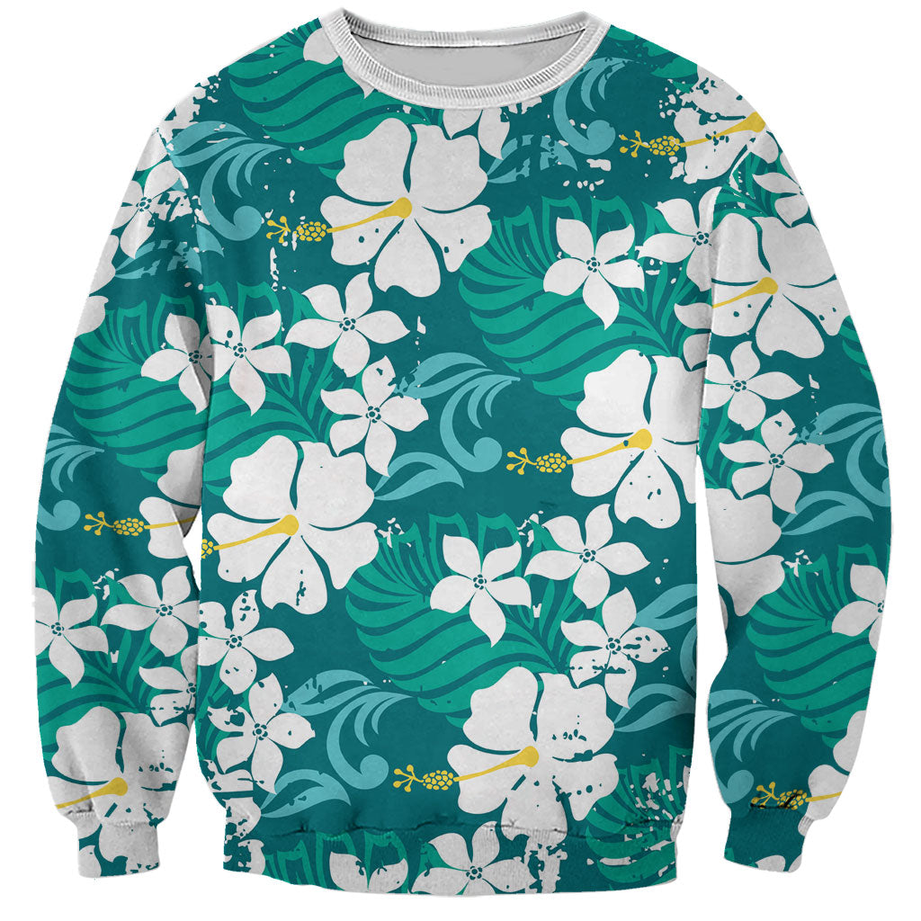 Teal Hawaiian Hibiscus Monstera Sweatshirt Grunge Stylized LT01 Unisex Teal - Polynesian Pride