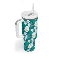 Teal Hawaiian Hibiscus Monstera Tumbler With Handle Grunge Stylized LT01 - Polynesian Pride
