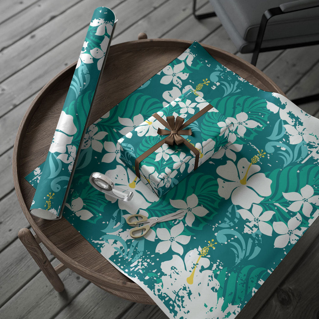 Teal Hawaiian Hibiscus Monstera Wrapping Paper Grunge Stylized LT01 - Polynesian Pride