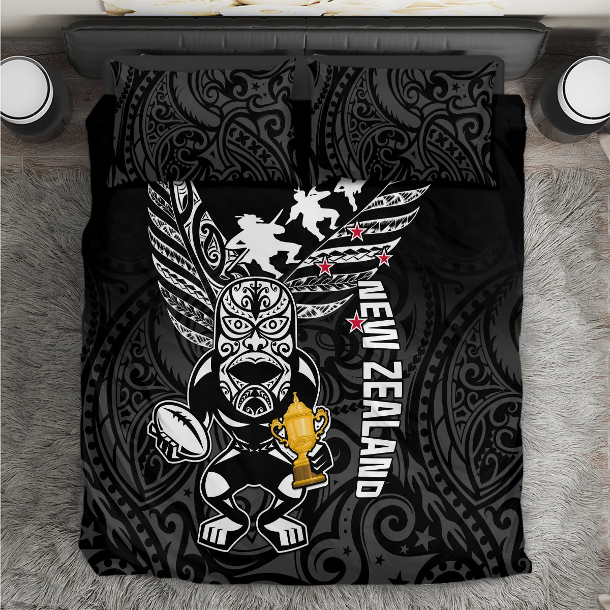 New Zealand Silver Fern Rugby Bedding Set Aotearoa Champion 2023 World Cup LT01 Black - Polynesian Pride