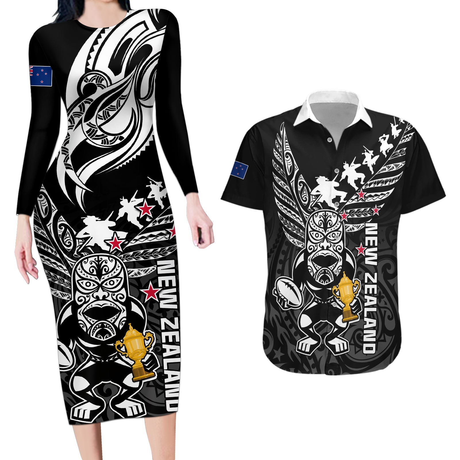 Custom New Zealand Silver Fern Rugby Couples Matching Long Sleeve Bodycon Dress and Hawaiian Shirt Aotearoa Champion 2023 World Cup LT01 Black - Polynesian Pride