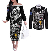 Custom New Zealand Silver Fern Rugby Couples Matching Off The Shoulder Long Sleeve Dress and Long Sleeve Button Shirt Aotearoa Champion 2023 World Cup LT01 Black - Polynesian Pride
