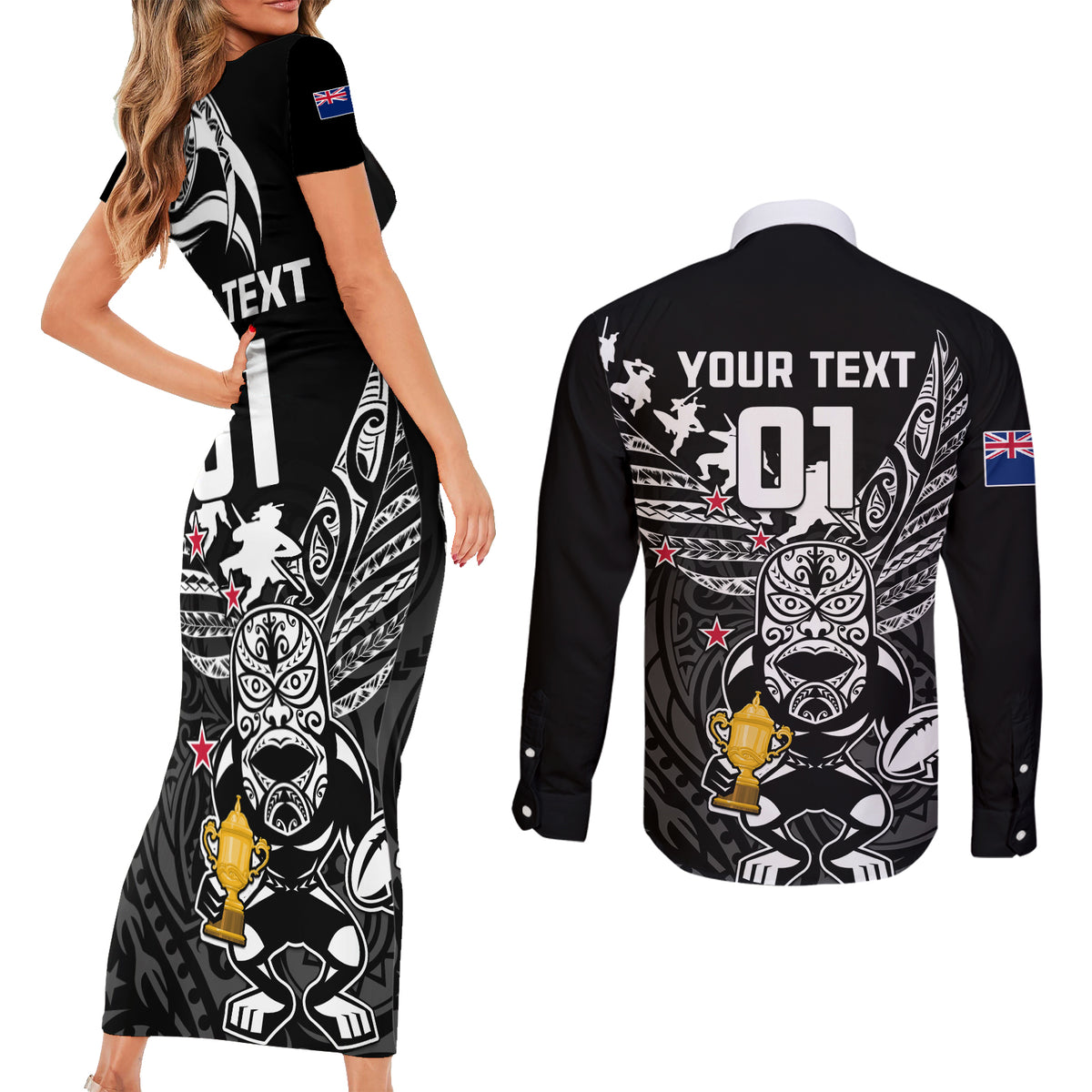 Custom New Zealand Silver Fern Rugby Couples Matching Short Sleeve Bodycon Dress and Long Sleeve Button Shirt Aotearoa Champion 2023 World Cup LT01 - Polynesian Pride