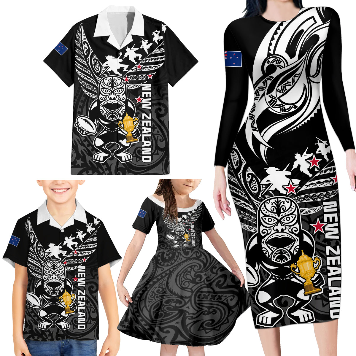 Custom New Zealand Silver Fern Rugby Family Matching Long Sleeve Bodycon Dress and Hawaiian Shirt Aotearoa Champion 2023 World Cup LT01 - Polynesian Pride