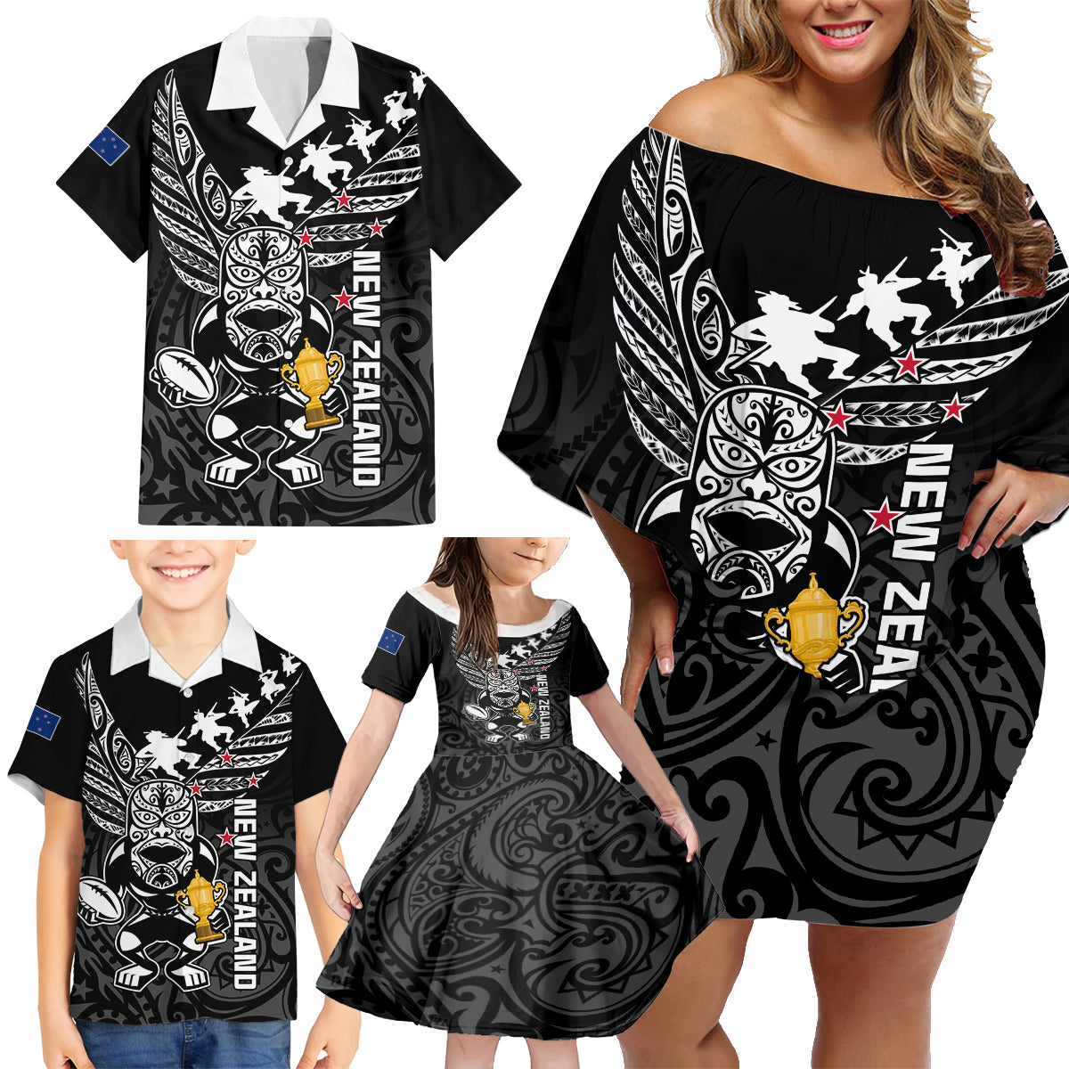 Custom New Zealand Silver Fern Rugby Family Matching Off Shoulder Short Dress and Hawaiian Shirt Aotearoa Champion 2023 World Cup LT01 - Polynesian Pride