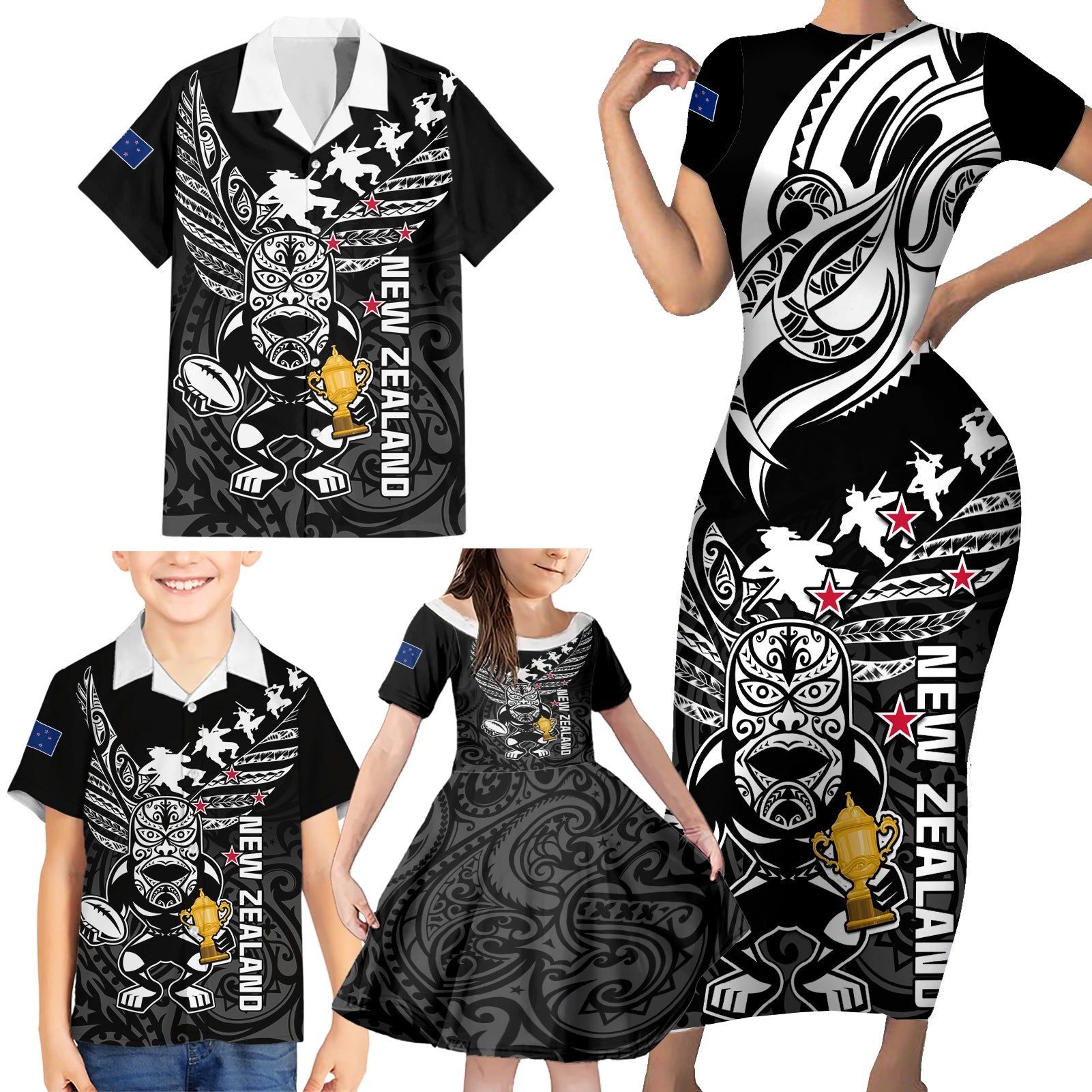 Custom New Zealand Silver Fern Rugby Family Matching Short Sleeve Bodycon Dress and Hawaiian Shirt Aotearoa Champion 2023 World Cup LT01 - Polynesian Pride